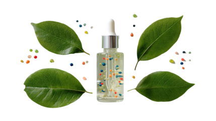 Elegant dropper bottle filled with essential oil and colorful microspheres surrounded by green leaves, creating a natural and transparent aesthetic for beauty and wellness products