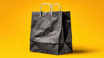 A stylish black paper shopping bag against a vibrant yellow background, showcasing modern retail aesthetics