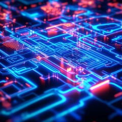 Glowing Circuit Board Neon Blue and Red Tech, abstract , futuristic