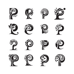 Creative Letter P Logo Set with Organic Tree Shape and Fluid Style Design, Unique Nature-Inspired P Letter Icons, Botanical and Eco Vector Logo Collection

