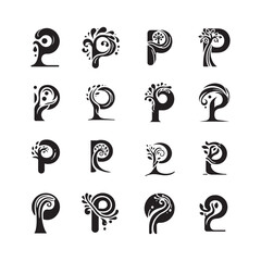 Letter P Logo Icon Collection Featuring Tree-Inspired Fluid Shapes, Organic and Minimal Vector Design, Perfect for Eco Branding and Nature-Based Concepts

