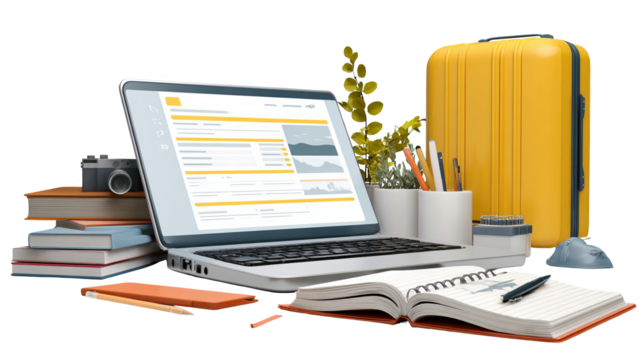 Open laptop displaying website with luggage, books, camera, notebook, pens, pencils, and plant on a transparent background, creating a concept of travel planning or online education