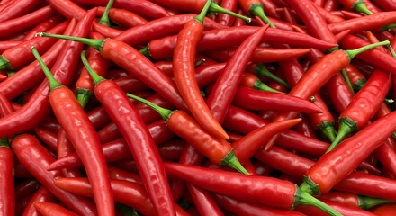 Pile of fresh red chili peppers with green stems