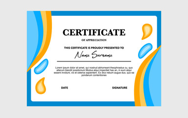 Certificate of appreciation with blue and yellow decorations.