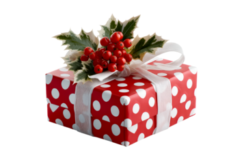 Festive red gift box decorated with polka dots and holly
