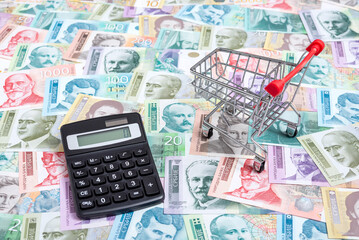 Calculator and shopping cart on a pile of Serbian paper money