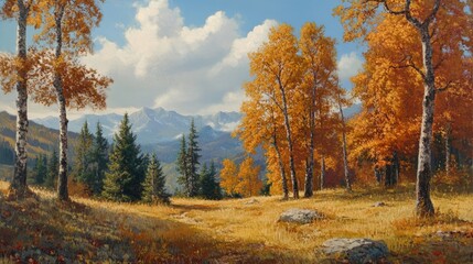 Fototapeta premium Autumn landscape featuring colorful trees and distant mountains with clear blue sky