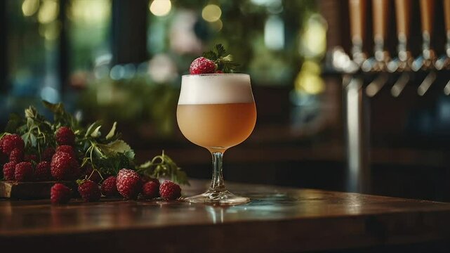 Refreshing raspberry cocktail. Frothy, amber-colored drink garnished with fresh raspberries and herbs. Served on a rustic wooden bar