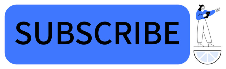 Blue subscribe button with bold font and minimal illustration of a person holding a device. Ideal for marketing, call-to-action, website banners, newsletters, content promotion, digital ads, simple