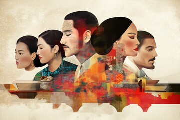 Illustrated artistic collage portraying diverse faces alongside cultural and architectural elements; perfect stock image for culture, diversity, and heritage projects.
