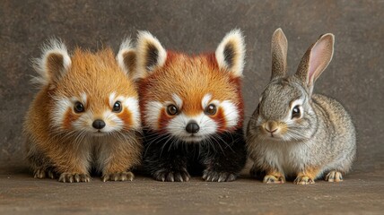 Fototapeta premium Group of Red Pandas, a Squirrel, and a Bunny Posing Together in a Natural Setting