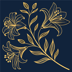 Elegant Botanical Line Art of Lily Flowers on Dark Background