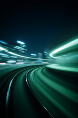 Dynamic night highway with motion blur in futuristic cityscape, speed and urban movement concept