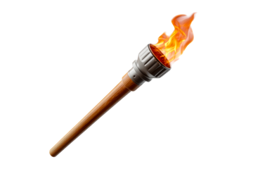 Flaming torch with wooden handle against transparent background