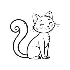 Fototapeta premium Happy Cartoon Cat Sitting with a Spiral Tail, black and white coloring page