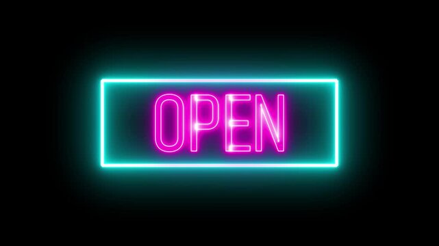 Neon open sign animation on black background. Hd glowing signboard loop for shops, cafes, livestream intros, and digital storefront visuals.