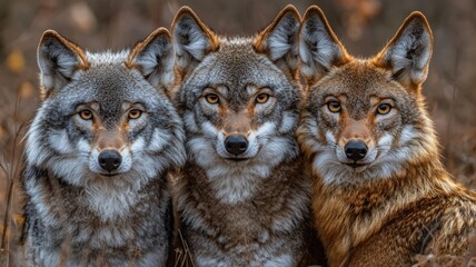 Fototapeta premium Portrait of Three Wolves in a Natural Habitat Staring Intently at the Camera