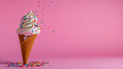 Delicious Ice Cream Cone with Colorful Sprinkles on Pastel Pink Background for Dessert Marketing and Summer Campaigns