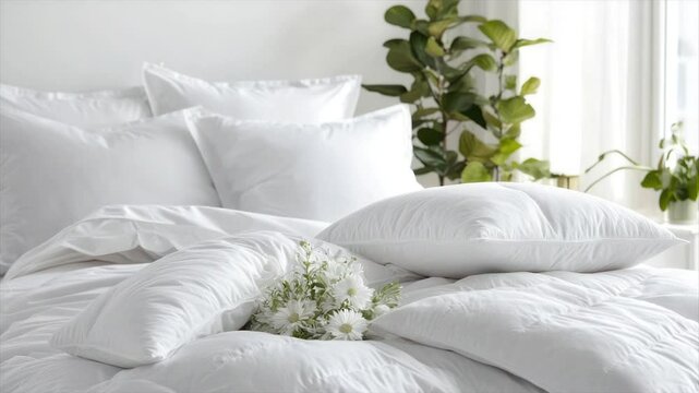 Soft white bedding set,  luxurious pillows,  elegant bedroom