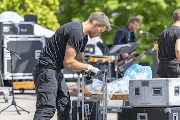 Technicians setting up equipment for live music performance in outdoor venue during sunny day