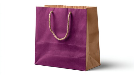 A vibrant purple paper shopping bag with a natural brown base, placed on a clean surface, ideal for retail
