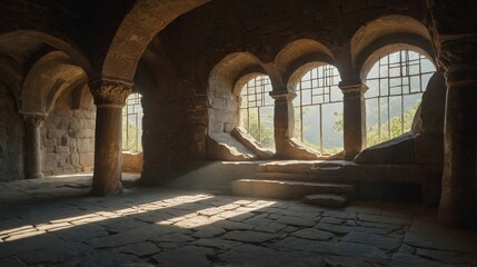 Fototapeta premium Sunbeams Illuminating Ancient Stone Room Interior