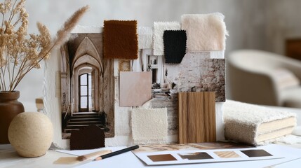 Interior design mood board sketches showcasing various textures, colors, and images reflecting a creative design process