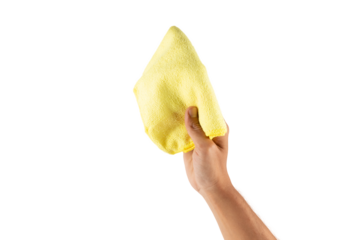Male hand using a yellow cleaning cloth isolated no background