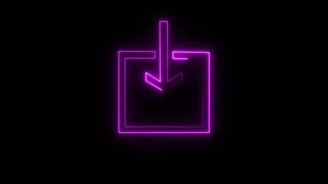 Abstract Neon downward download arrow icon animation, Glowing animated arrow icon pointing to the downward in neon line style.  on a black background, and 4k video.