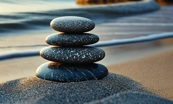a stack of smooth zen meditation stones on the sand