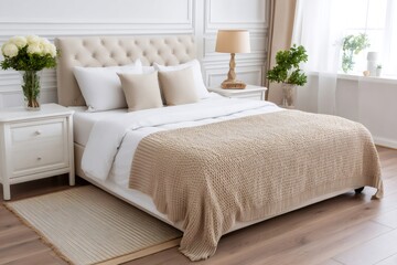 Knitted blanket covering comfortable bed in bright bedroom