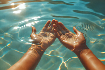 a pair of women's hands, palms up, gently gliding over the beautiful, clear water. The movement creates ripples on the water