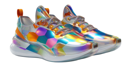 Sleek, digitally designed sneakers featuring vibrant, holographic material and a colorful hexagonal pattern, displayed against a transparent background for design versatility
