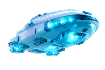 Futuristic blue spacecraft design with glowing lights in space