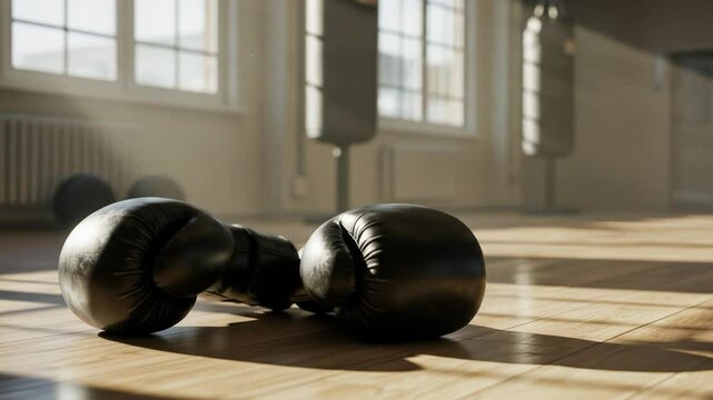 Pair of black boxing gloves lying on wooden floor in gym