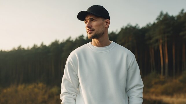 Man in sweatshirt and baseball cap looks out, standing in front of forest. A look of contemplation, peaceful. Outdoors scene, golden hour light.