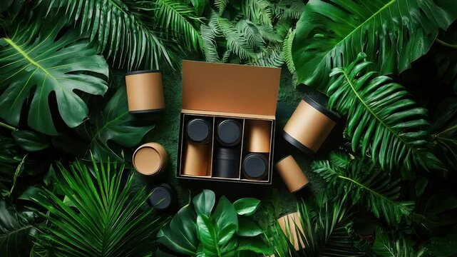 Eco-friendly packaging amidst lush greenery.  Various cylindrical containers in brown and black, nestled within a cardboard box, are displayed amongst vibrant tropical foliage