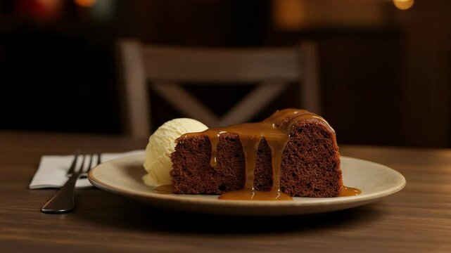 Delicious sticky toffee pudding with vanilla ice cream and rich caramel sauce