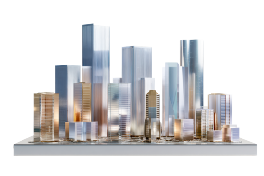 Transparent city skyline model with reflective structures