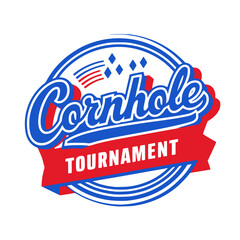 Cornhole Tournament Logo with Bold Typography, Vector graphic of a cornhole tournament logo featuring bold script and banner text, ideal for event branding or promotional use.

