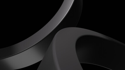 Two black rings circle on a black background. 3D rendering illustration not AI.