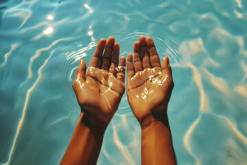 a pair of women's hands, palms up, gently gliding over the beautiful, clear water. The movement creates ripples on the water