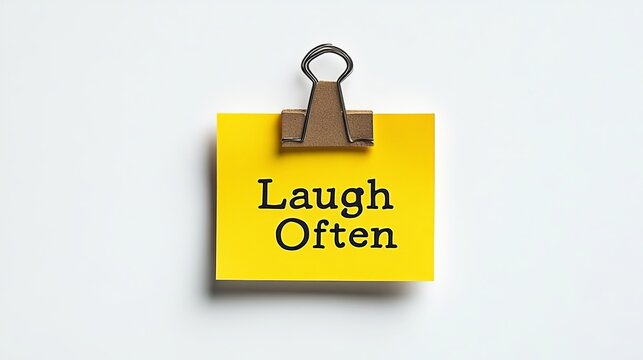 Yellow Sticky Note, Held By A Black Clip, With Laugh Often Text On A White Background.