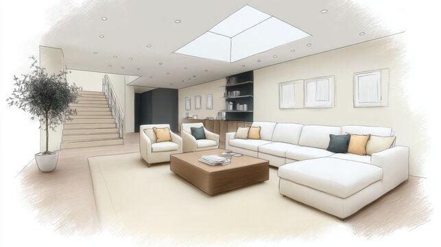 Sketching eco friendly interiors showcasing modern design in a bright living space with natural elements and a minimalist aesthetic