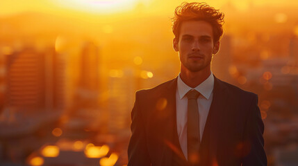 A young entrepreneur standing confidently on a rooftop at sunset, city skyline blurred in the background, crisp business attire, slight wind ruffling hair, golden hour lighting.
