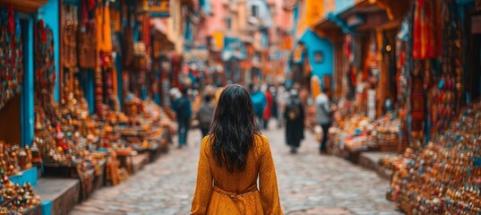 Obraz premium Woman Exploring Vibrant City Market, Colorful Shops and Blurred Wares in Background, Copy Space