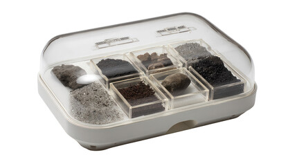 Transparent lidded container displaying diverse soil and rock samples organized in compartments, ideal for scientific analysis and geological studies against a clear background