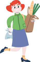 Young woman walks with groceries. Female character in linear flat style.