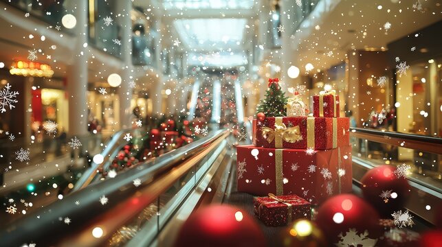 Holiday shopping extravaganza mall environment christmas promotions winter wonderland festive atmosphere