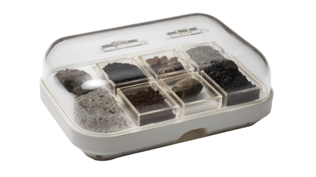 Transparent lidded container displaying diverse soil and rock samples organized in compartments, ideal for scientific analysis and geological studies against a clear background